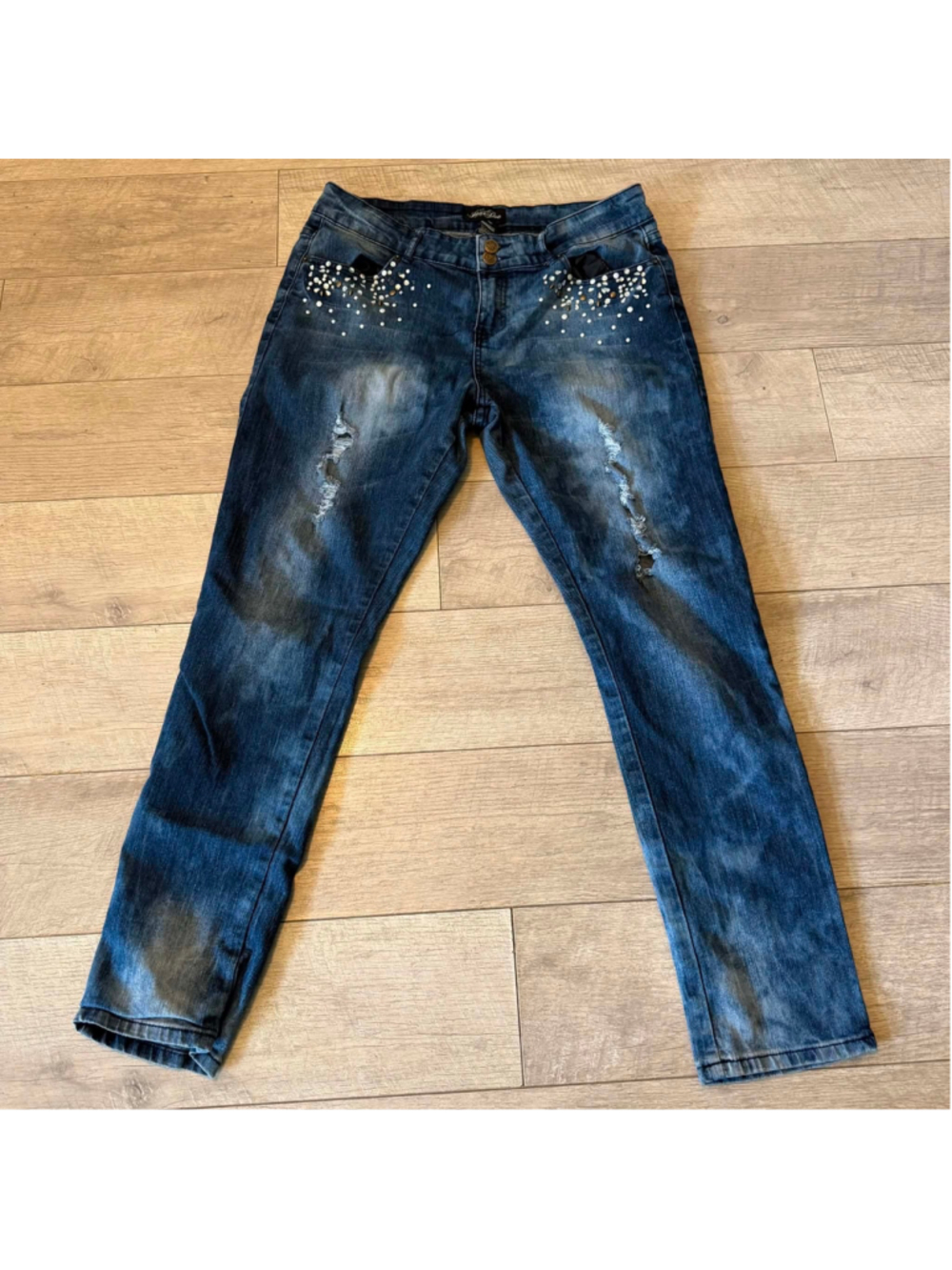 Jane Doe Women's Juniors Jeans Size 15 Blue Distressed Rhinestone Denim